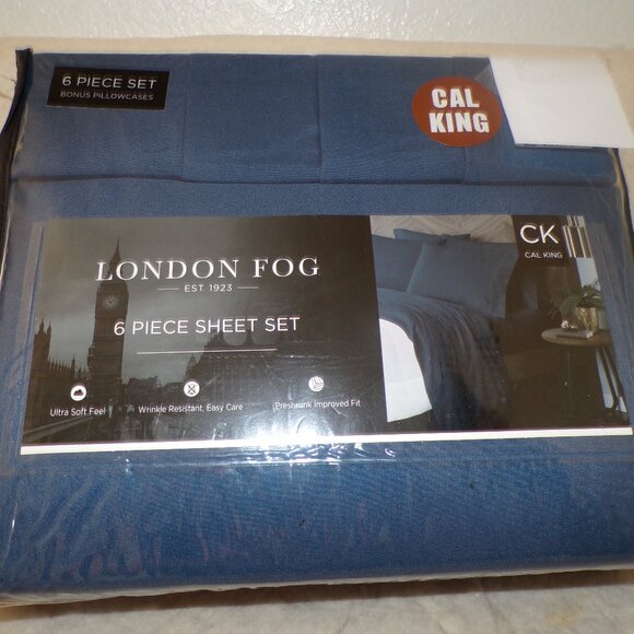 6-pc London Fog CAL KING Sheet Set Blue (2 extra pillowcases) - Picture 1 of 5